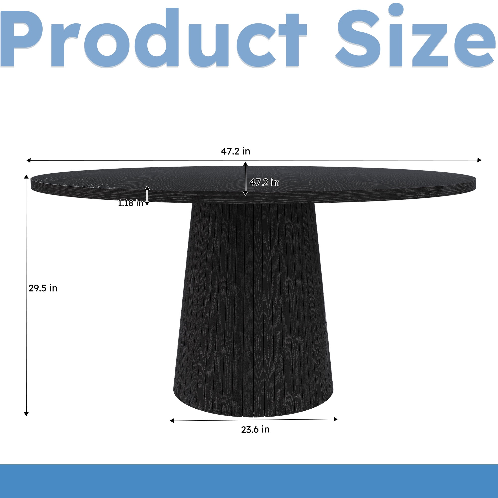PORKISS 47" Circle Dining Table, Fluted Round Kitchen Table for 4 with 1.18" Thick Wood Tabletop, Modern Farmhouse Dining Room Table with Metal-Reinforced Base for Kitchen, Black