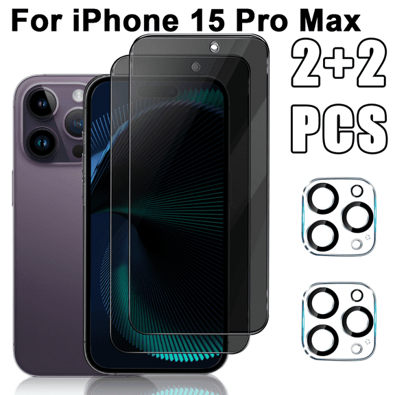 2 2 Pack Privacy Screen Protector with Camera Lens Protector for iPhone 15 Pro Max [6.7 Inch], Full Coverage Anti-Spy Tempered Glass Film, 9H Hardness, Bubble-Free Easy Installation