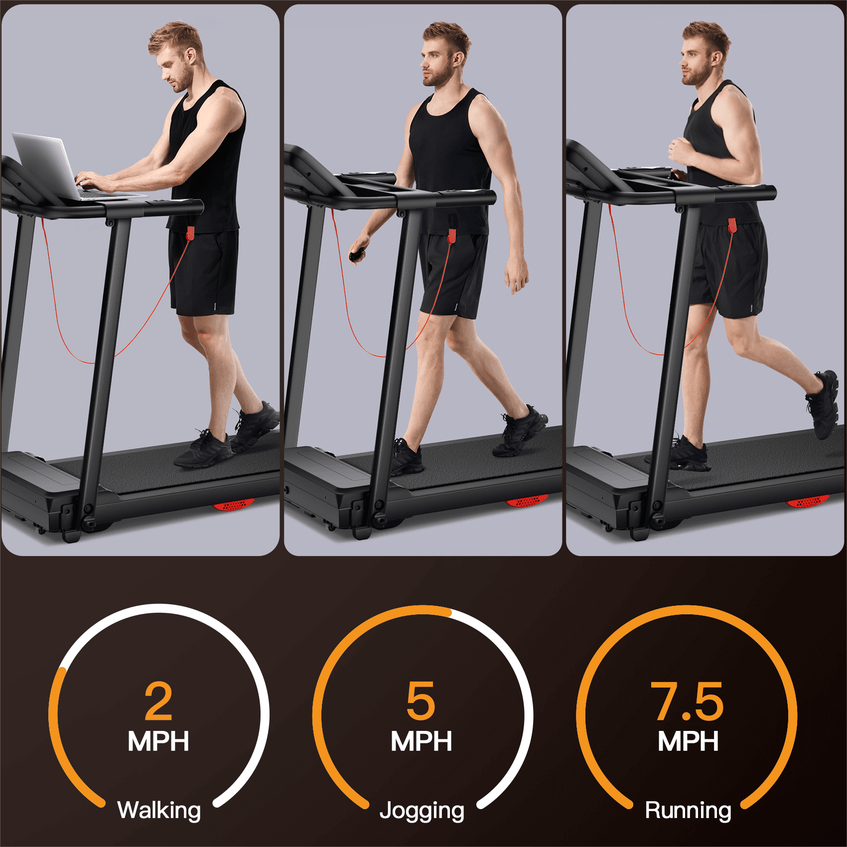 SONITU Quiet 2.5HP Brushless Folding Treadmill, 0.6-7.5 mph Speed, 300 lbs Capacity, SPAX App Compatible for Home