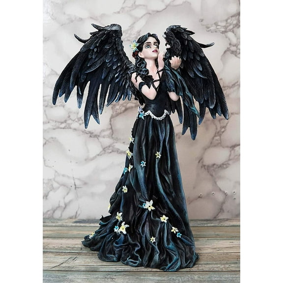 Ebros Gothic Raven Crow Angel in Black Floral Gown Statue 11.5" Tall Nene Thomas
