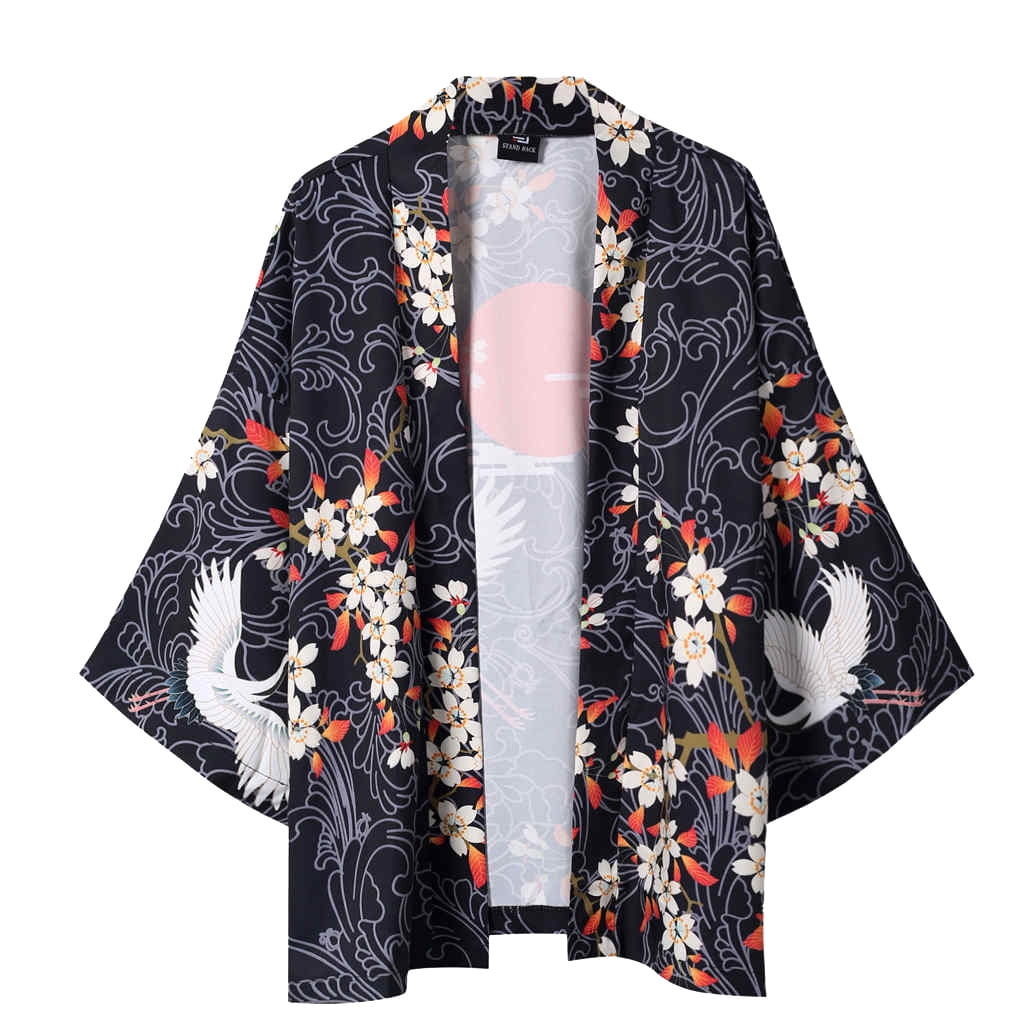 Mens Printed Kimono Cardigan Summer Five Point Sleeves Cloak Jacke Breathable Loose Top Open Front Blouse Shirts 