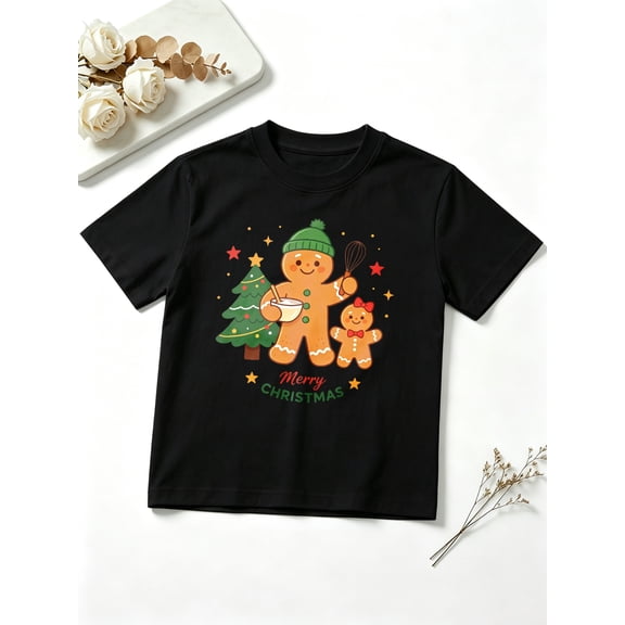 Boys Graphic Tees Merry Christmas Gingerbread Man Family Short Sleeve Kids T-Shirt, 100% Cotton Soft Casual Tops for Children
