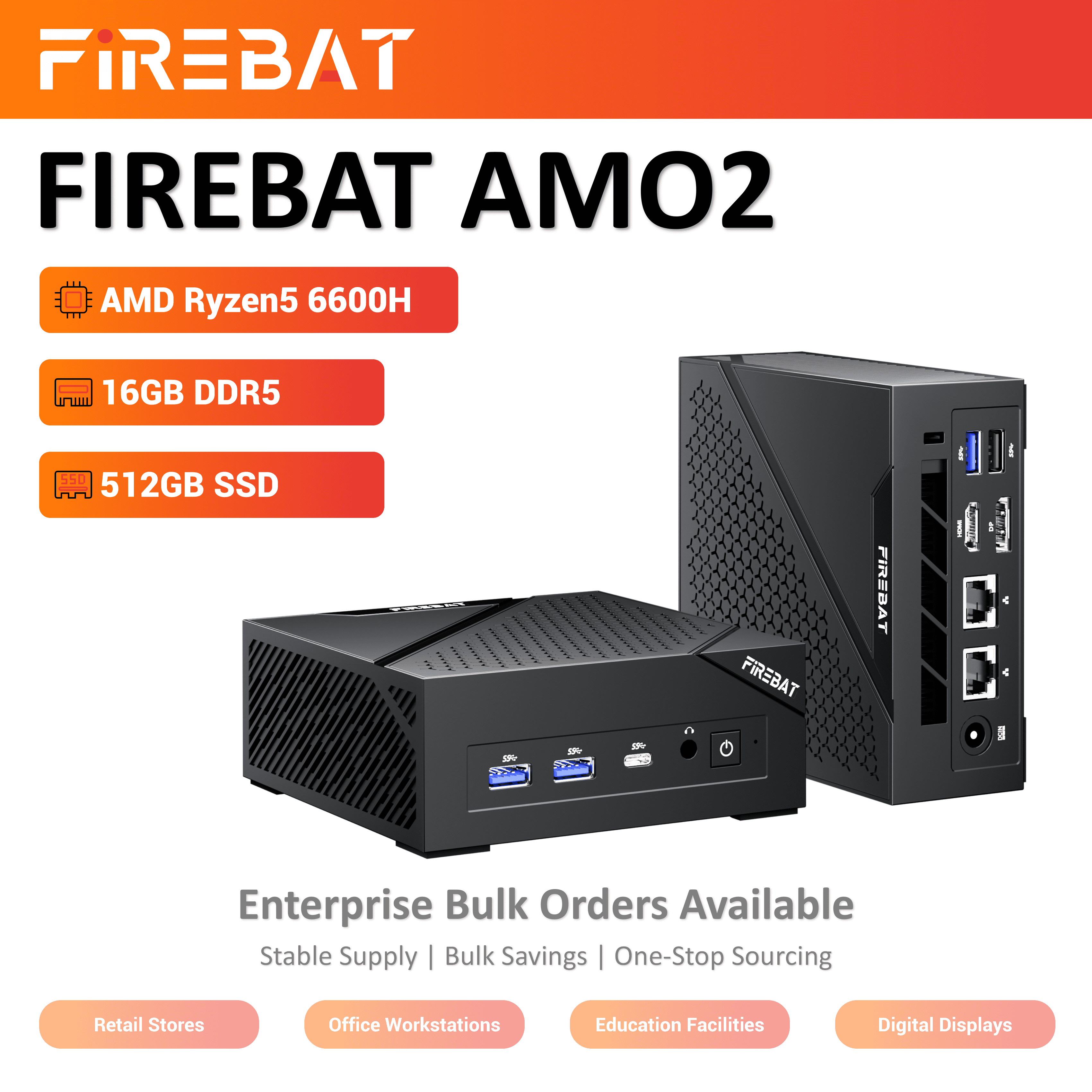 FIREBAT AM02 Slim Mini PC, AMD Ryzen5 6600H, 16GB, 512GB SSD