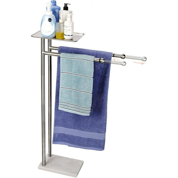 Towel Rack with Tray at The Top, Freestanding Bath Towel Holder with Adjustable Rods, Heavy Marble Base Towel Holder Stand for Bathroom, Stainless Steel (Brushed Nickel)