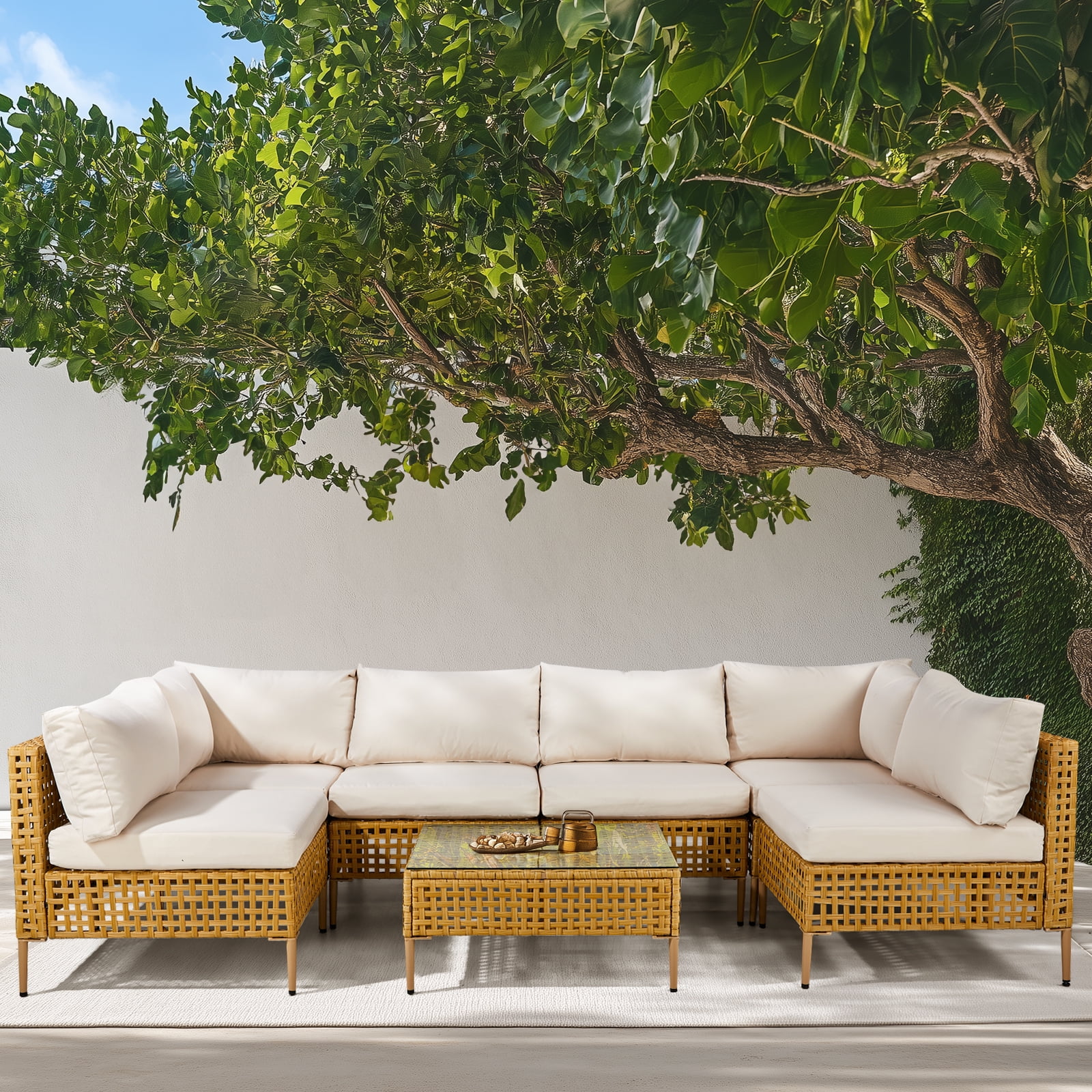 Ktaxon 7PC Wicker Patio Furniture Set Outdoor Sectional Sofa with Water Resistant Cushions, Glass Coffee Table, Boho Conversation Set Beige