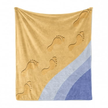 Modern Soft Flannel Fleece Throw Blanket, Footprints Sand Realistic Print near Ocean Waves Digital Image, Cozy Plush for Indoor and Outdoor Use, 50" x 60", Baby Blue Apricot, by Ambesonne