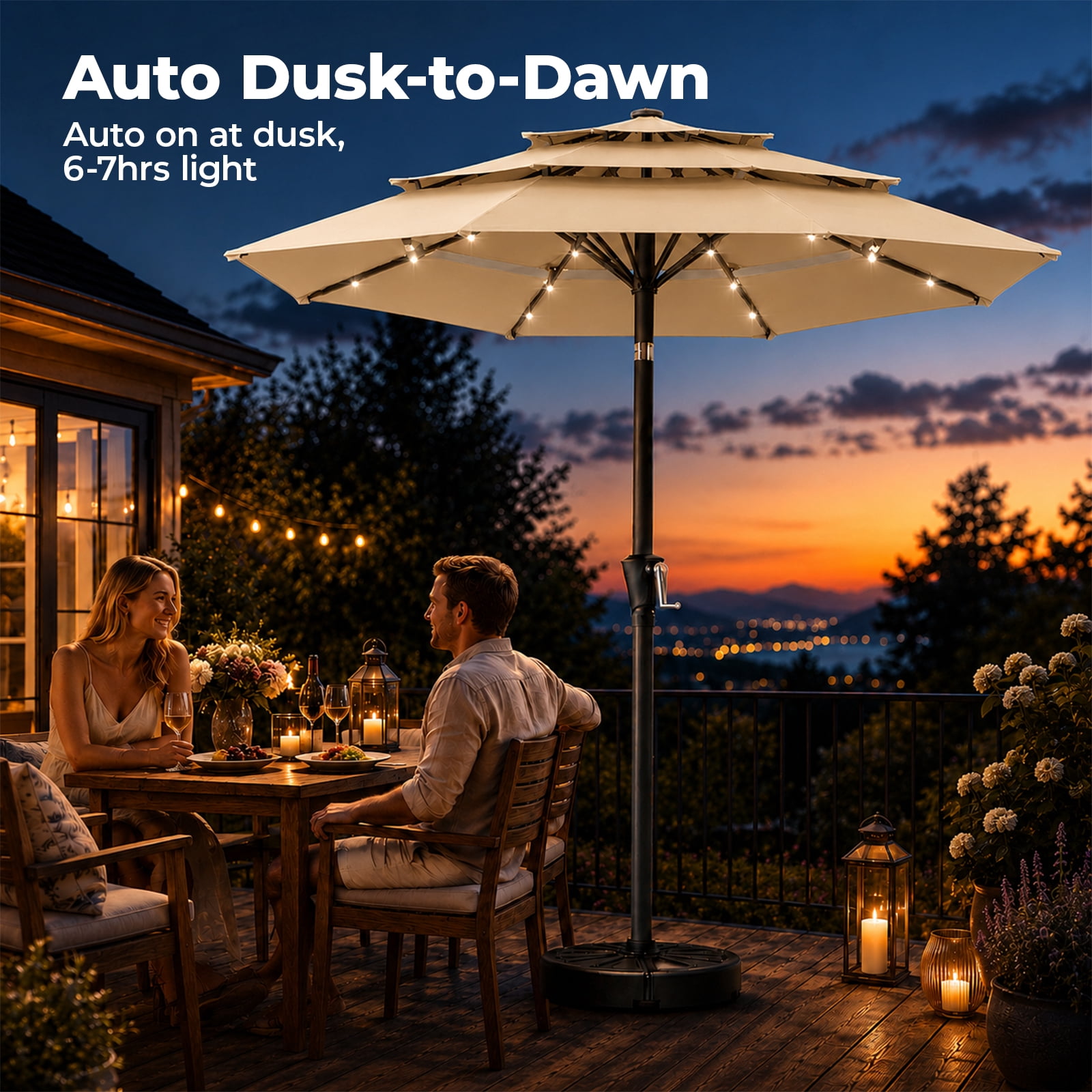 Alvantor 9ft 3‑Layer Solar Patio Umbrella Outdoor with 32 LED Lights, UV50+ Auto Dusk‑to‑Dawn for Dining Table, Outdoor Sofa & Beach Lounger