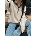 thumbnail image 2 of Womens Quarter Zip Pullover Sweaters Casual Collared V Neck Color Block Long Sleeve Loose Knit Fall Sweater White M, 2 of 6