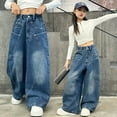 thumbnail image 2 of XIMIN Teen Girls Wide Leg Floor Denim Pants Cargo Jeans Baggy Loose High Waist Casual Trousers Vintage Streetwear Y2k Trousers with Pockets Straight, 2 of 9