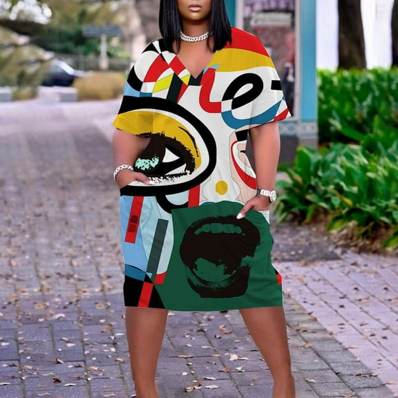 Wycnly Summer Dresses for Women Fashion Plus Size Pocket Swing Tunic Tshirt Midi Sun Dresses Short Sleeve V-Neck Face Graffiti Print Knee-Length 2024 Casual Dress Green xxxl Clearance Under $5