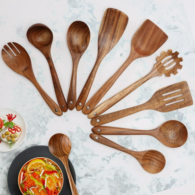 Kitchen Utensils Set with Holder and Spoon Rest - Includes Wooden Spoons  for Cooking Safely: Sauce Spoon, Spatula, Soup Ladle, Salad Spoon and Fork  