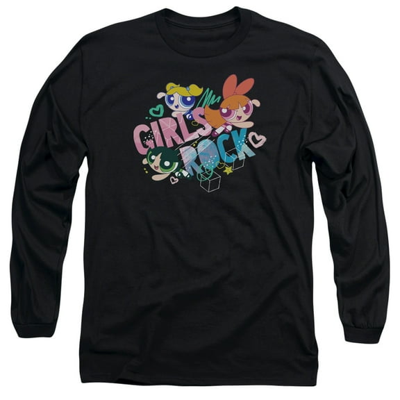 Powerpuff Girls Girls Rock Long Sleeve Adult 18/1 T-Shirt Black