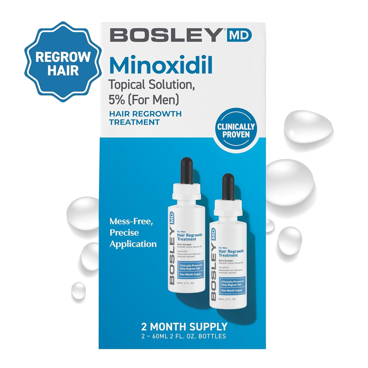 BosleyMD Men's & Women's Hair Re-growth Treatment, 2%-5% Minoxidil Topical Solution (Pack of 2) 2 FL. OZ.