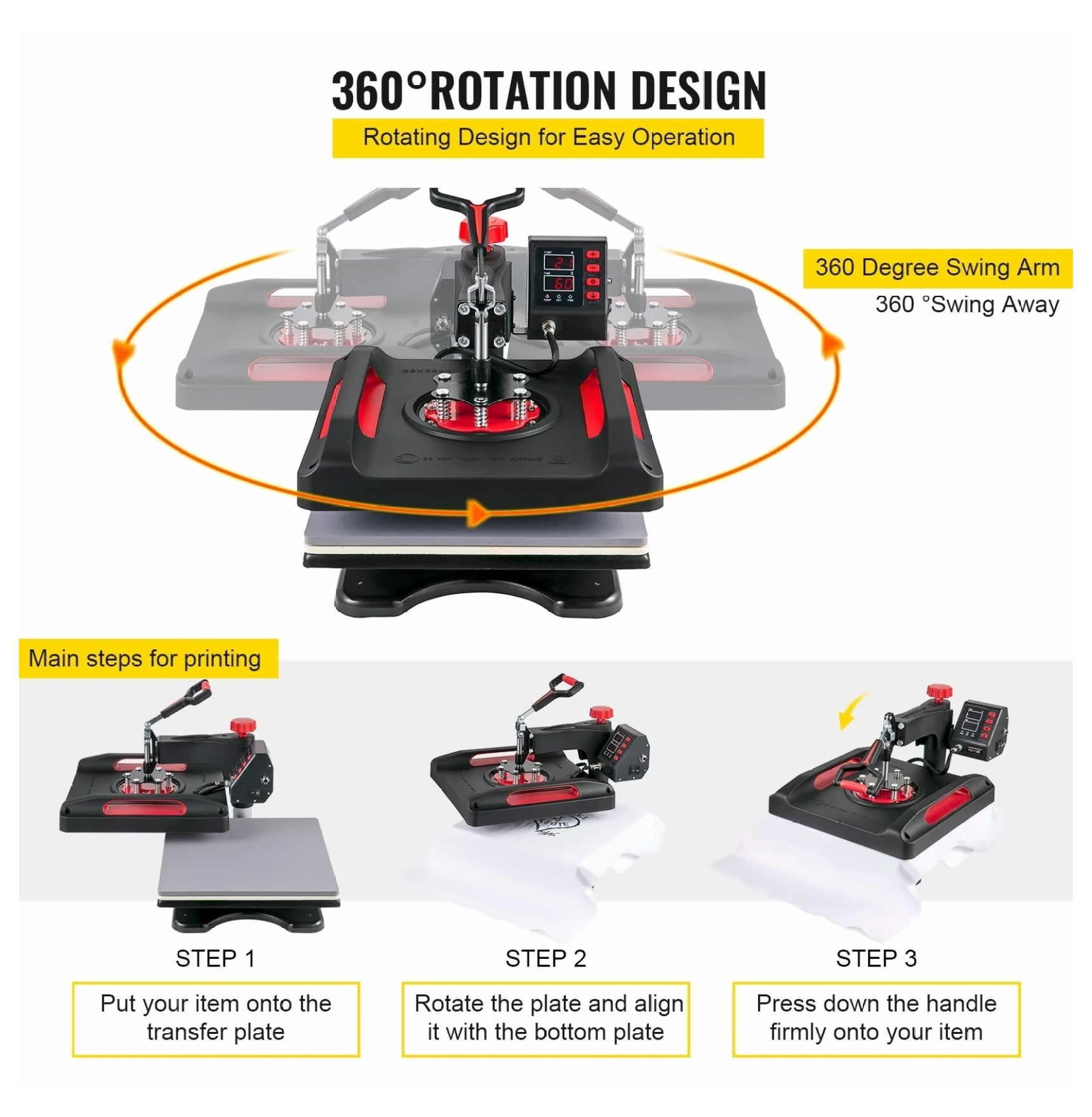 Heat Press Machine 15x15 8-in-1 Sublimation Machine, Digital Control, 360° Rotation, for T-Shirts, Caps, Mugs, Plates - Red