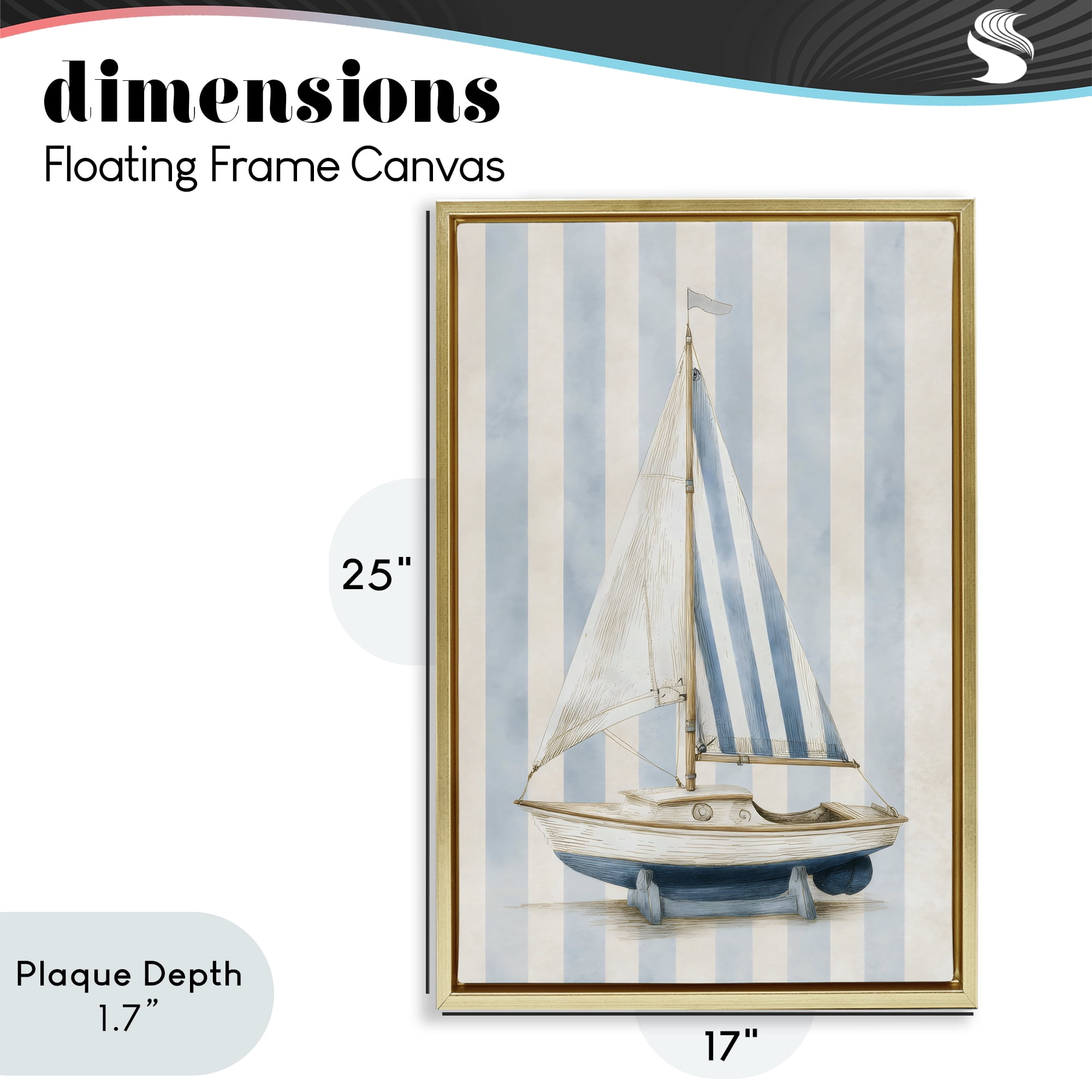 Stupell Industries Seaside Stripes Sailboat Gold Framed Floater Canvas Wall Art, design by Petal Prints Design