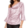 thumbnail image 1 of Tops de Manga Larga de las Mujeres con Brillo Metálico Y Textura de Costillas, Blusa Casual de Hombros para Fiesta Y Uso Cotidiano, Tops de Manga Corta de las Mujeres, 1 of 7