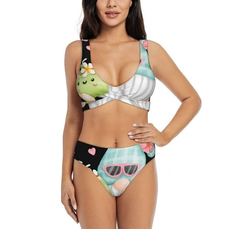 Zeuib Summer Gnome Cute Gnome High Waisted Tummy Control Bikini Set - Knot Front Push Up Top & Cheeky Thong Bottom  Two-Piece Swimsuit for Women-XX-Large
