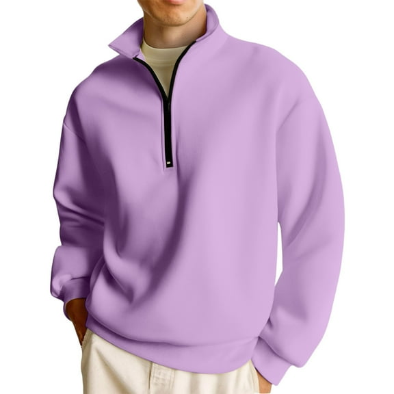 Zimjoy Men's Quarter Zip Pullover Long Sleeve Mock Neck Purple Zip Up Hoodie Casual 1/4 Zip Pullover Mens Winter Lightweight Mock Neck Sweatshirt, Light Purple L