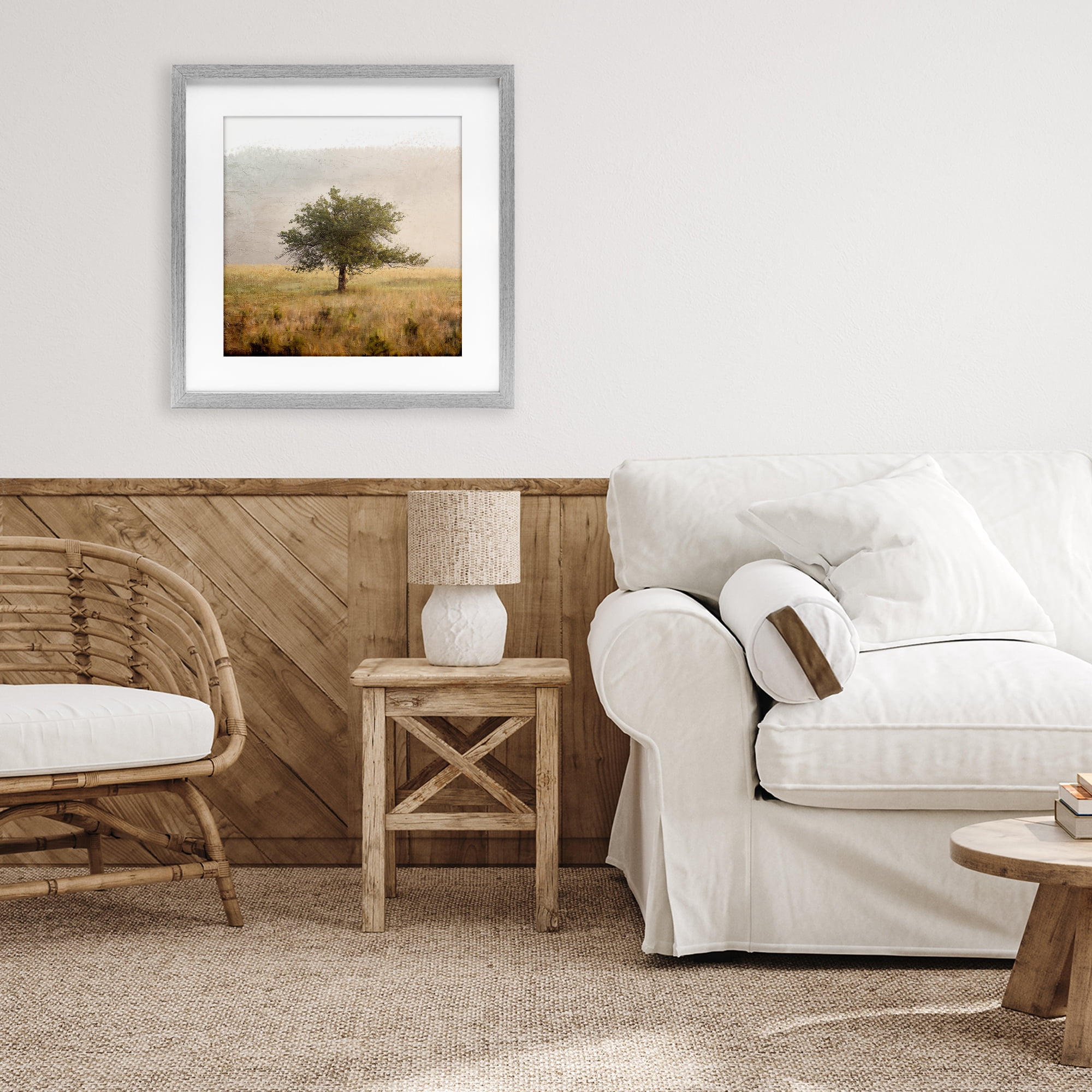 Stupell Industries Tree Alone in Golden Field Gray Framed Print Under Glass, design by Anne Bailey