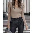 thumbnail image 2 of Suéter Otoño Invierno Cuello En V Color Puro Puff Manga Larga Moda Slim Casual Mujer Suéter para Exterior Interior Caqui XL, 2 of 6