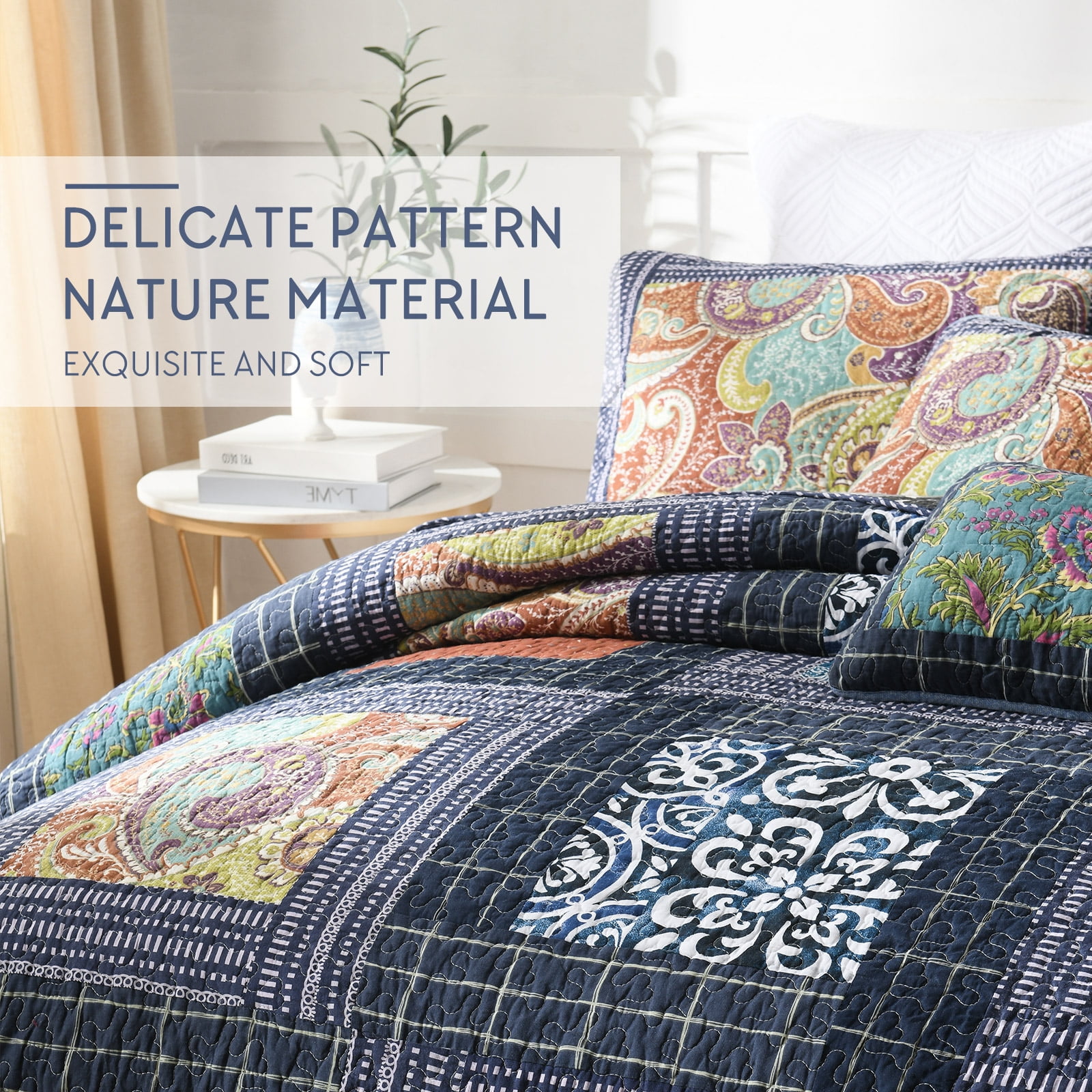 WannaToo Cotton Bedspread Quilt Set for All Season, Blue Patchwork, King