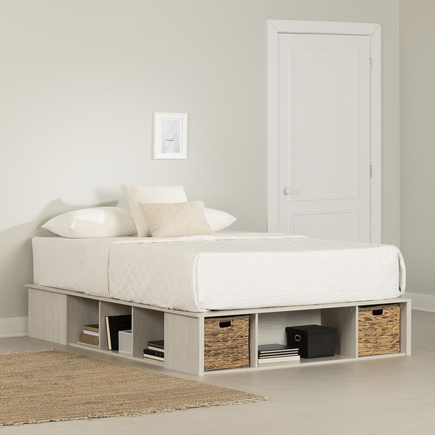 South Shore Versa Queen Storage Platform Bed with Wicker Baskets, in Winter Oak