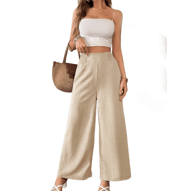 Pantalon Long à Taille Élastique Smockée pour Femmes Jambe Droite Taille Haute TG