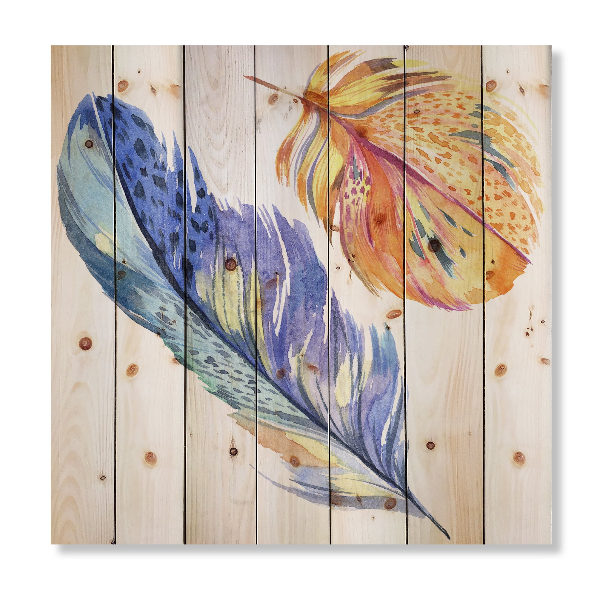 Designart 'Colorful Blue and Golden Bird Feather From Wing' Bohemian & Eclectic Print on Natural Pine Wood