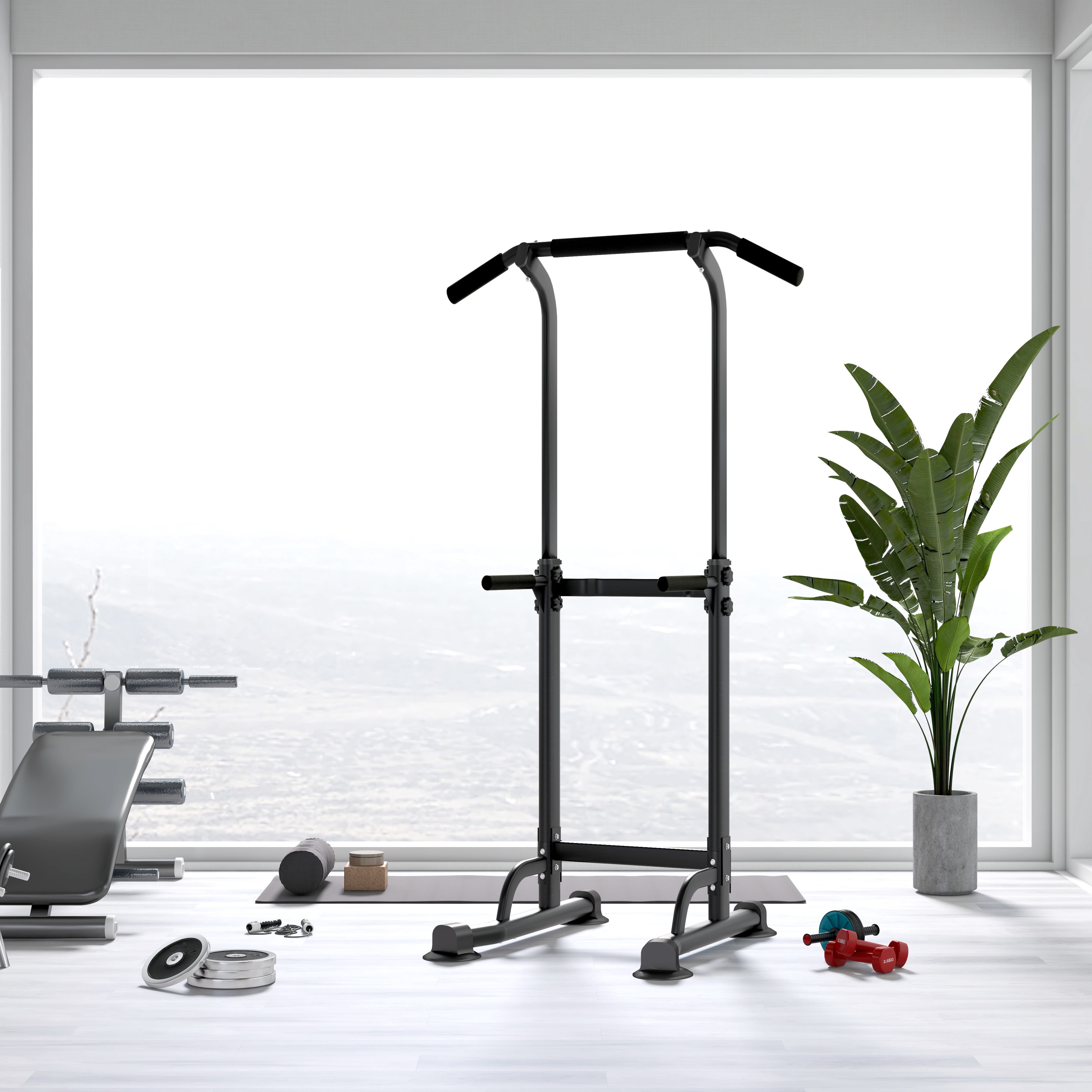 Adjustable Power Tower Pull Up Bar Dip Station, 330LBS Capacity Steel Frame, Ergonomic Home Gym Strength Training Equipment