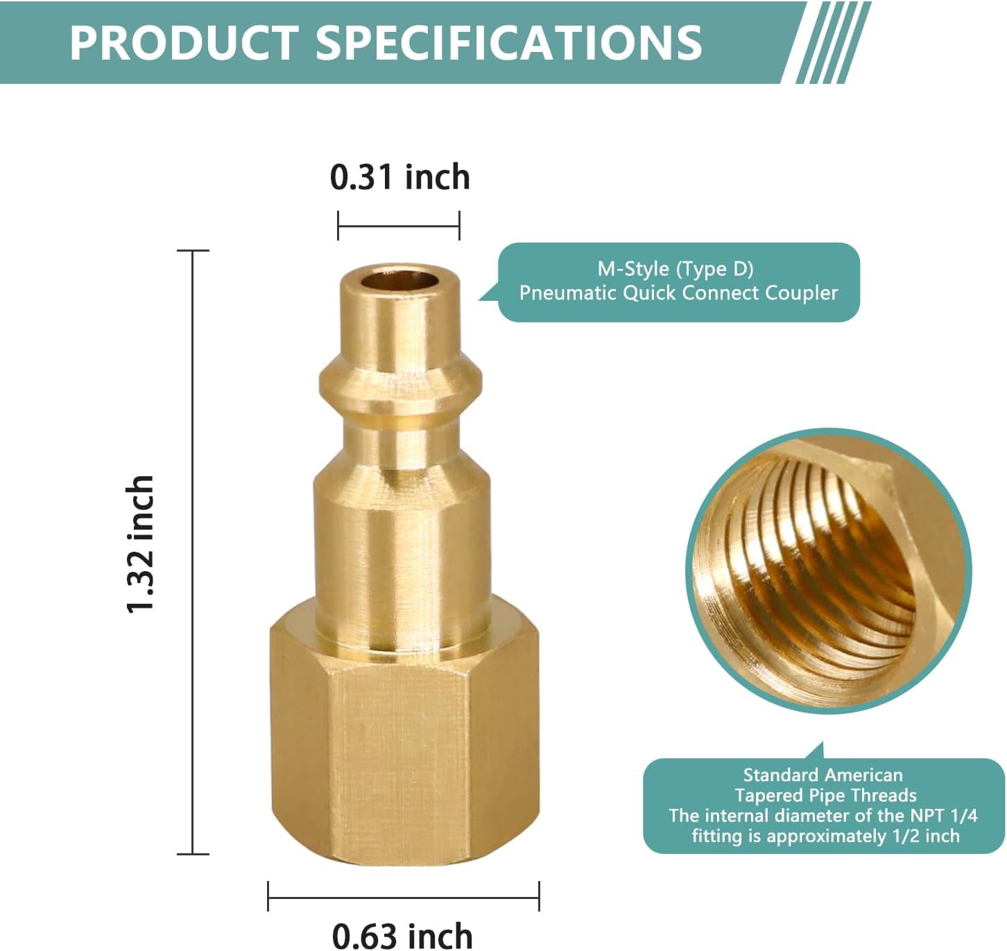 MKEUDQ-NPT 1/4 Industrial Type D Air Hose Fittings, Brass Female Quick Connect Coupler for Air Compressor and Pneumatic Tools, Air Coupler Replacement Adapter, 4 PCS