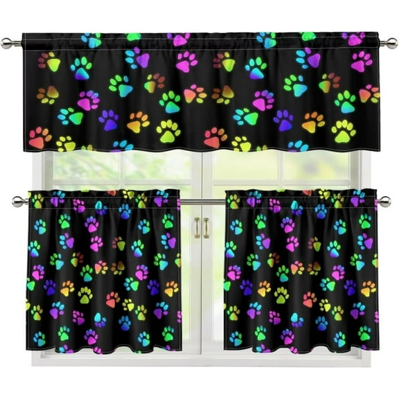 Colorful Dog Paw Print Kitchen Curtains Colorful Kitchen Window Curtains Over Sink Vintage Short Tier Curtains Valance for Kitchen Windows Small Short Curtains Window 3 Piece Kitchen Curtains