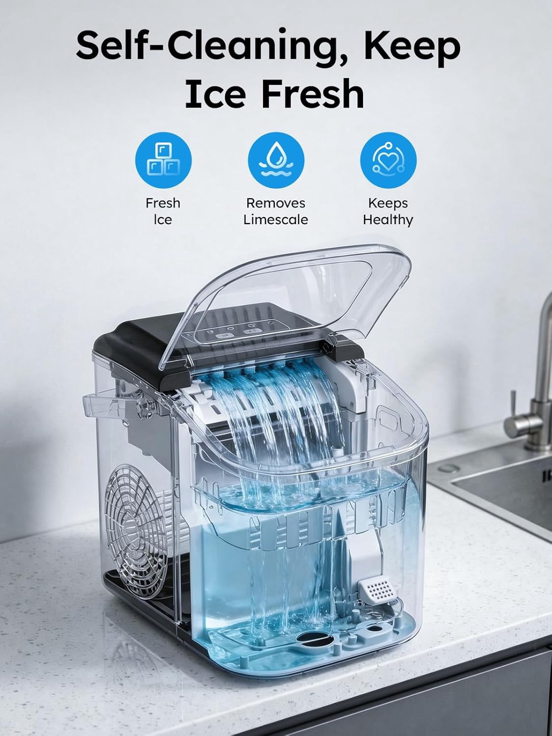 Portable Ice Maker Countertop, 26lbs/24H with Self-Cleaning, Makes 8 Cubes in 6 Mins for Home, Travel, Bar, and Camping