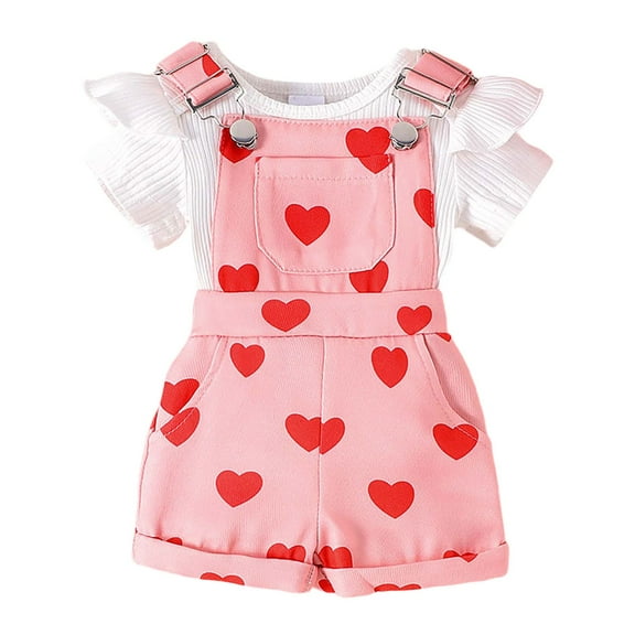 TOOYOU Girls Summer Outfit Sets Baby White Short Sleeve Top Printed Overalls 2 Piece Set Adjustable Straps Toddler Outfit Girls Playtime Outfits Size 9 -12 Months White