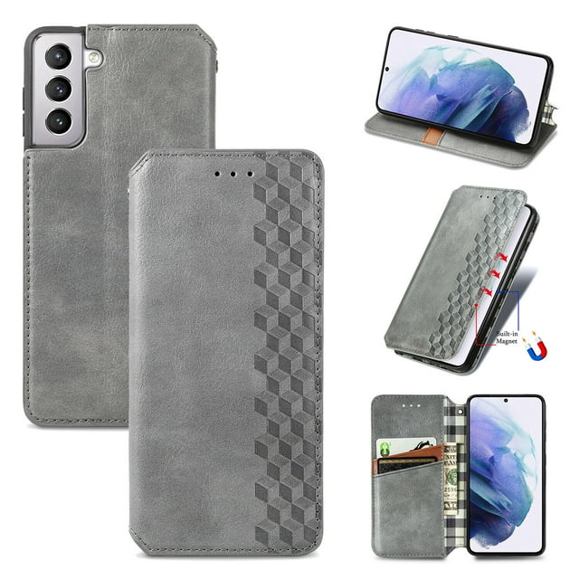 Étui pour Samsung Galaxy S21, Étui Portefeuille à Rabat, Étui à Rabat Magnétique Protectrice - Gris