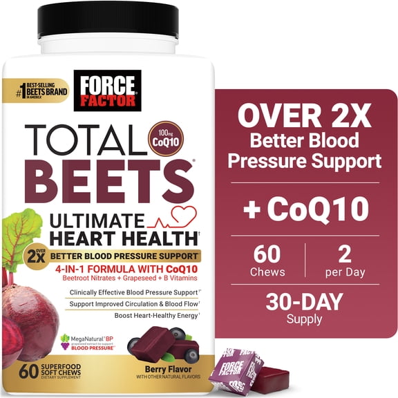 Force Factor Total Beets Ultimate Heart Health, Blood Pressure Support with CoQ10 & Beet Root for Nitric Oxide & Energy, Berry, 60 Soft Chews