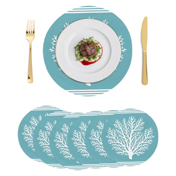 Round Placemats Summer Tropical Coastal 15 inch Set of 6 Table Mats for Dining Table Nautical Teal Sea Coral Stripe Heat Resistant Non-Slip Kitchen & Home Decorative Place Mat Set