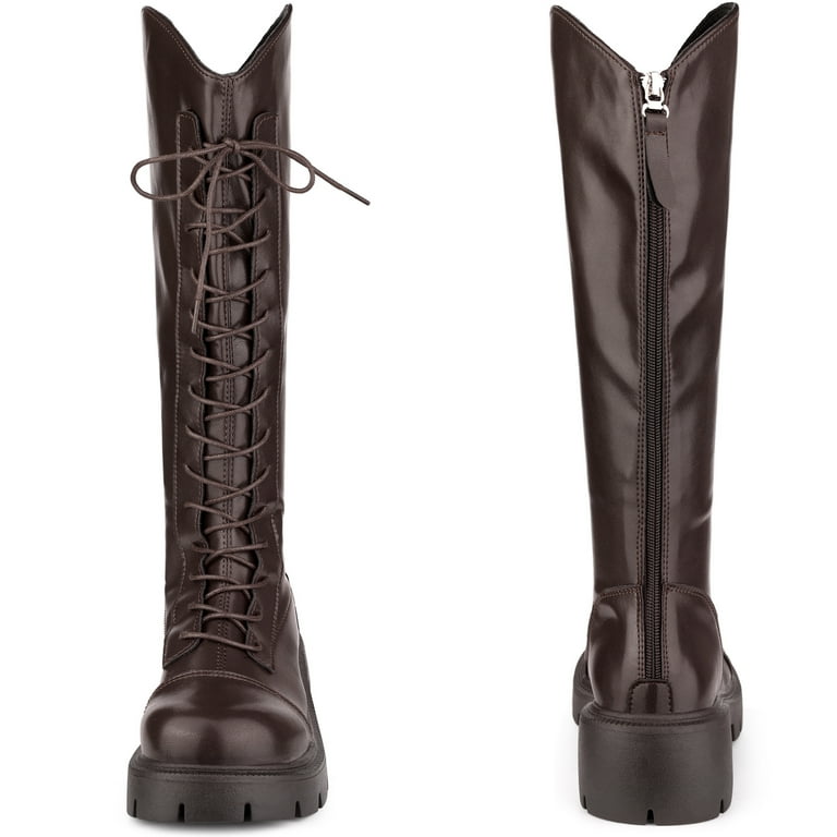 Unique Bargains Platform Lace Up Chunky Heel Knee High