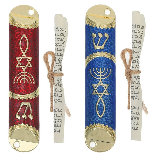 2 mezuzá con pergamino para bendición de puerta, mezuzá para puerta, estuche pintado de colores, pergamino kosher para decoración judía, recuerdo de fiesta de Navidad