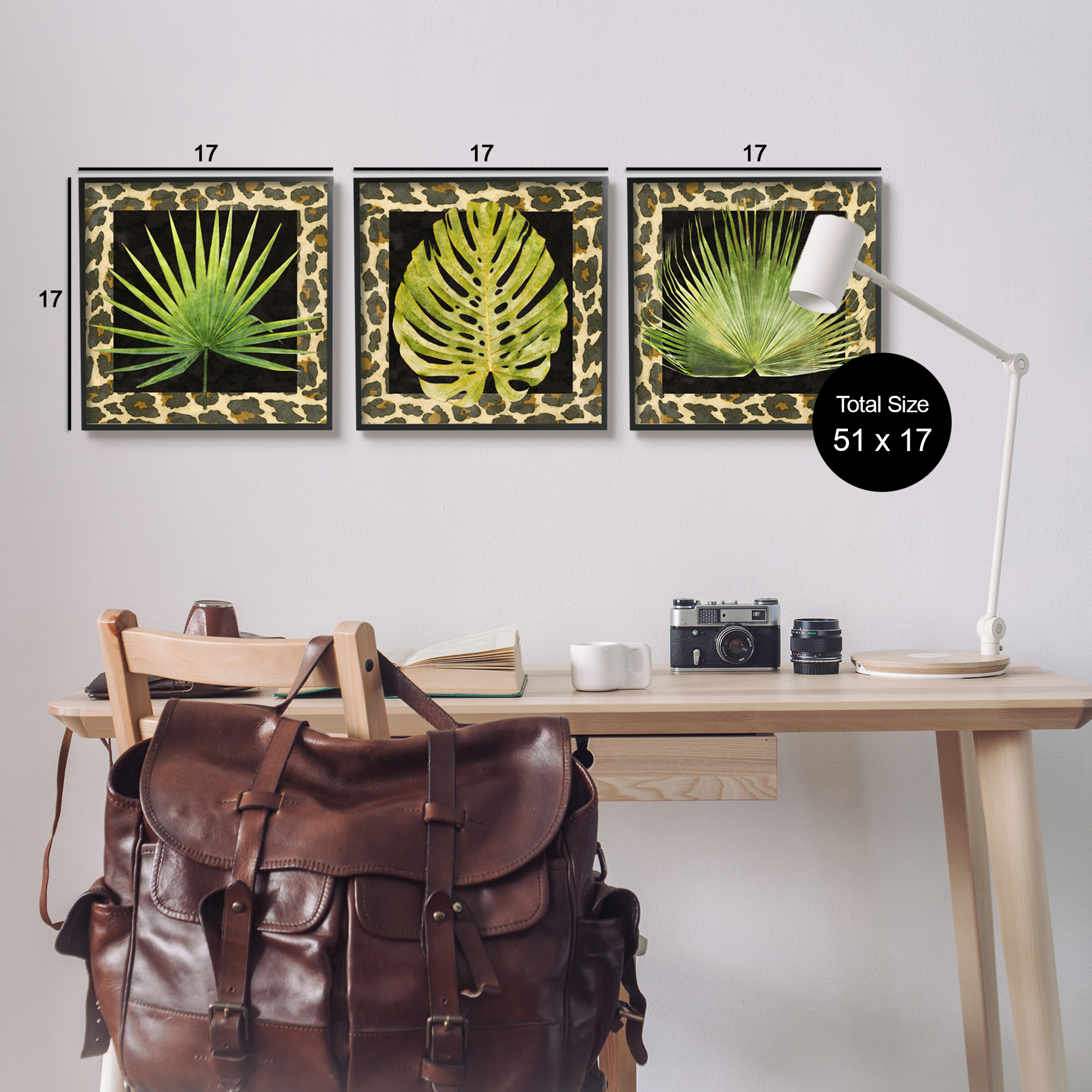 Stupell Industries Palm Plants on Leopard Pattern Botanical & Floral Painting Black Framed Art Print Wall Art, 17 x 17, Set of 3