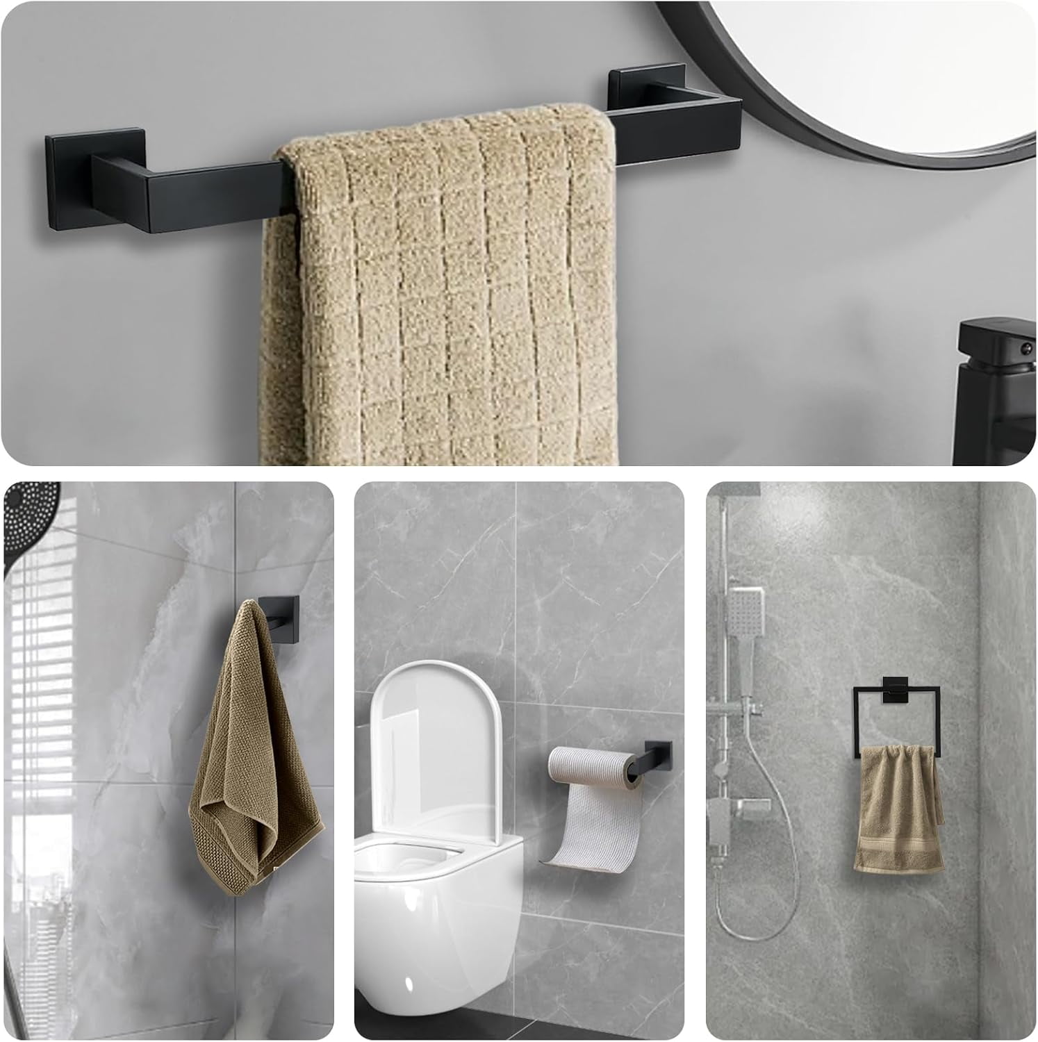 stusgo Matte Black 5-Piece Square Bathroom Hardware Set with Towel Bar, Hook, Toilet Paper Holder and Ring（Black）