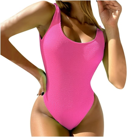 HTNBO One Piece Bathing Suit for Women Backless Solid Color Swimwear Beachwear Sexy Thong Bikini Swimsuit Pink M