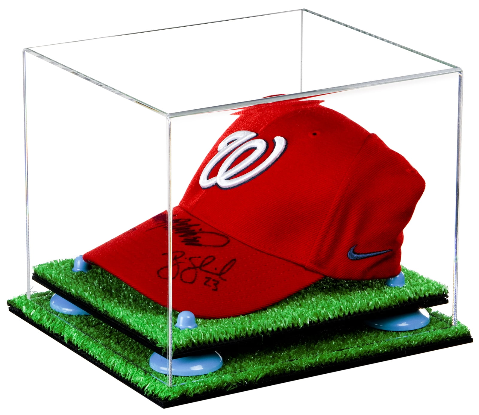 Deluxe Clear Acrylic Baseball Cap Display Case with Blue Risers Turf
