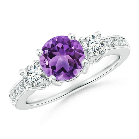 ANGARA Natural Classic Three Stone 1.15 ct Amethyst and Diamond Ring in 14K White Gold for Women (Size-7mm) | February Birthstone, Anniversary, Jewelry Gift for Women | Natural Amethyst Ring