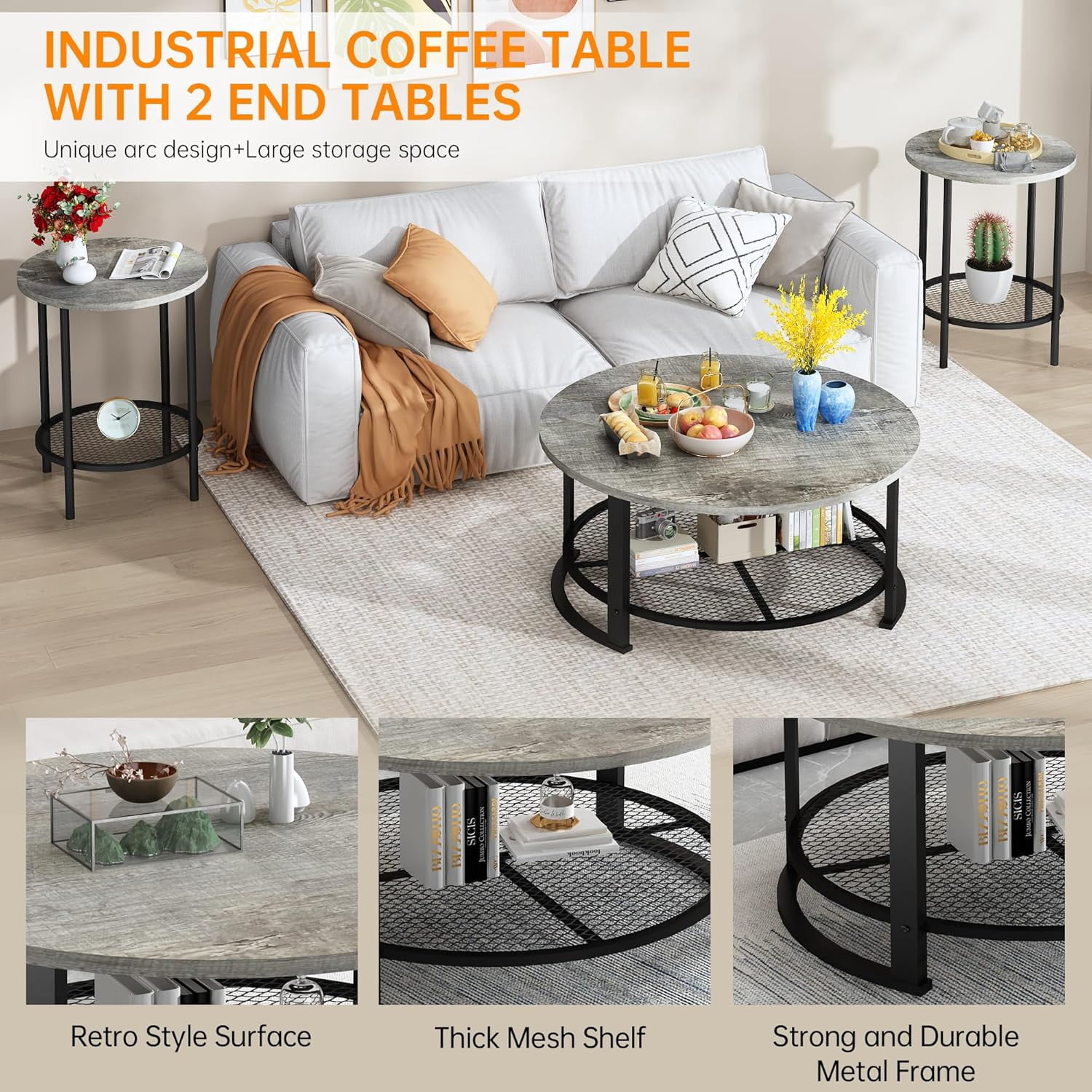 MIERES Round Coffee Table Set of 3, 2-Tier Metal Mesh Storage Shelf Living Room Set with 1 Large Center Table & 2 Small End Tables, Space-Saving Wooden Tea Table for Home Office Apartment, Gray