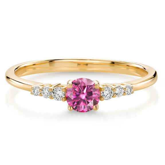 Gem Stone King 10K Yellow Gold Pink Moissanite and White Lab Grown Diamond Engagement Ring | 0.32 Cttw | Round 4MM | Wedding Anniversary Promise Ring for Women | Size 7