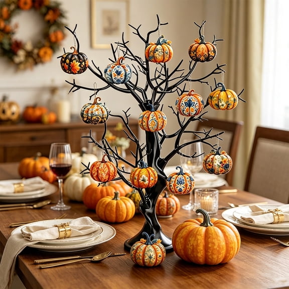 Miwamany 12PCS Fall Pumpkin Wood Hanging Ornaments, Floral Design Rustic Wooden Pendant for Halloween Thanksgiving Autumn Party Home Table Tree Wall Window Holiday Decoration Set