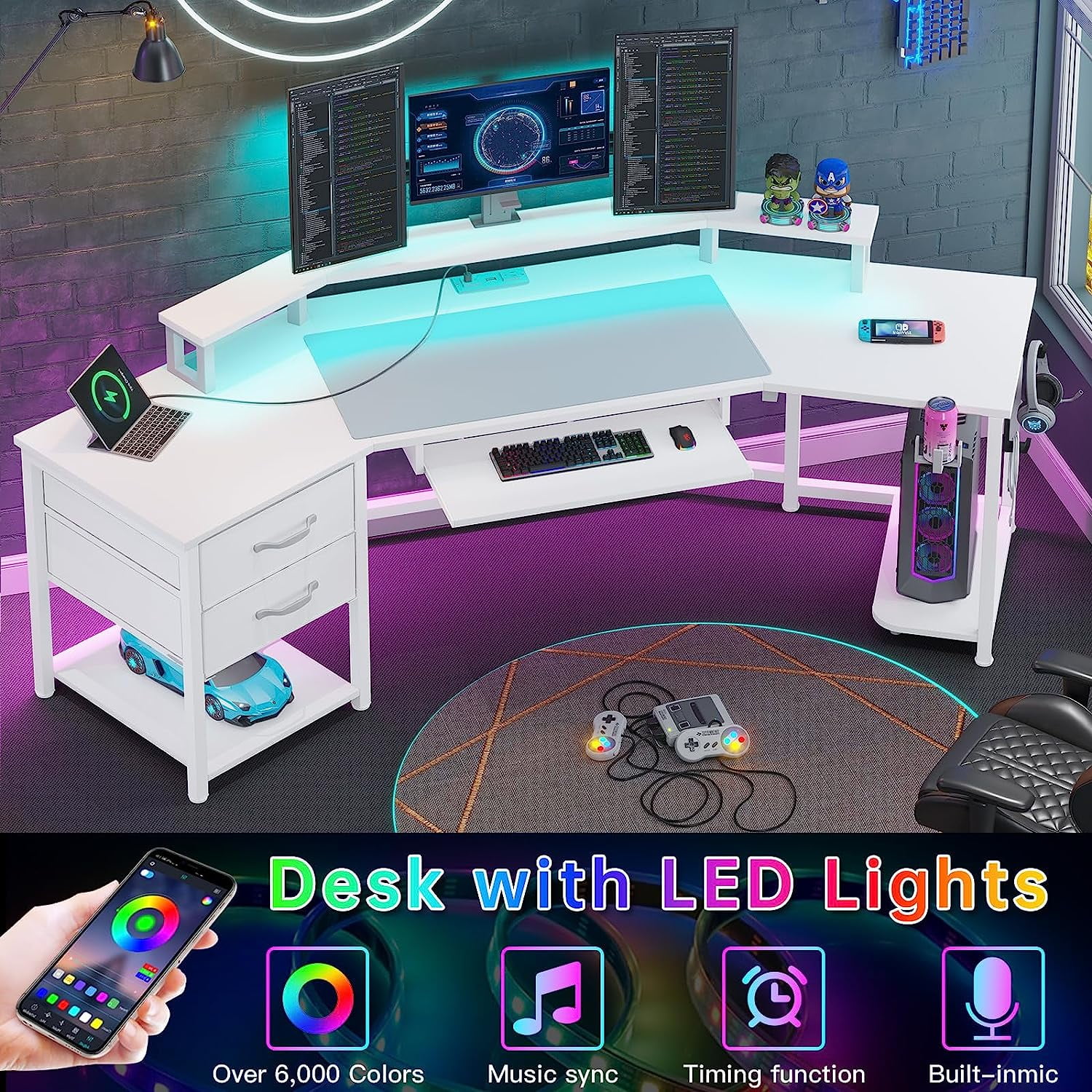 79" Gaming Desk, Computer Desk with 2 Fabric Drawers & LED Light, White Small Desk with Storage for Home Office, Carbon Fiber White