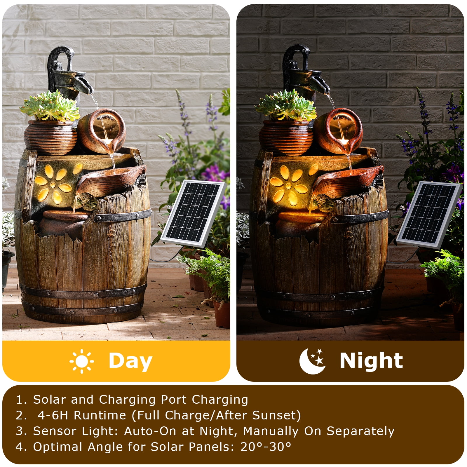 Solar Water Fountain Outdoor Rustic Pump and Barrel,4 Tiered Cascading Bowl Solar Powered Water Fall Fountains Outside Feature with LED Lights for Garden, Patio, Porch, Backyard Decor