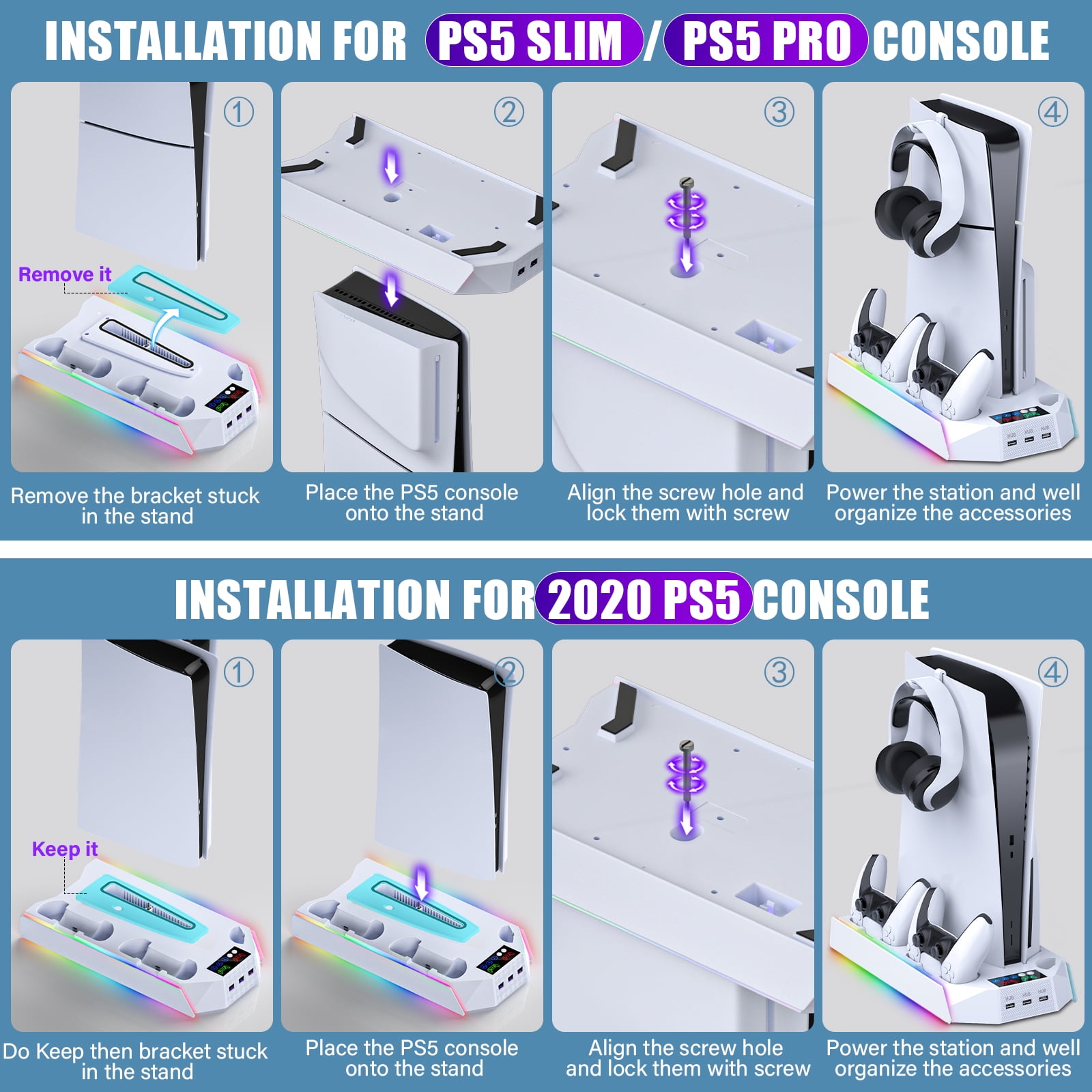 PS5 Stand with Cooling Fan,ZRZLMVP PS5 Cooling Station with Dual Controller Charging Station for PS5 Slim/Pro/Standard,3H Fast Charging/3 Speed Airflow/3 USB Ports/3 Lights-White