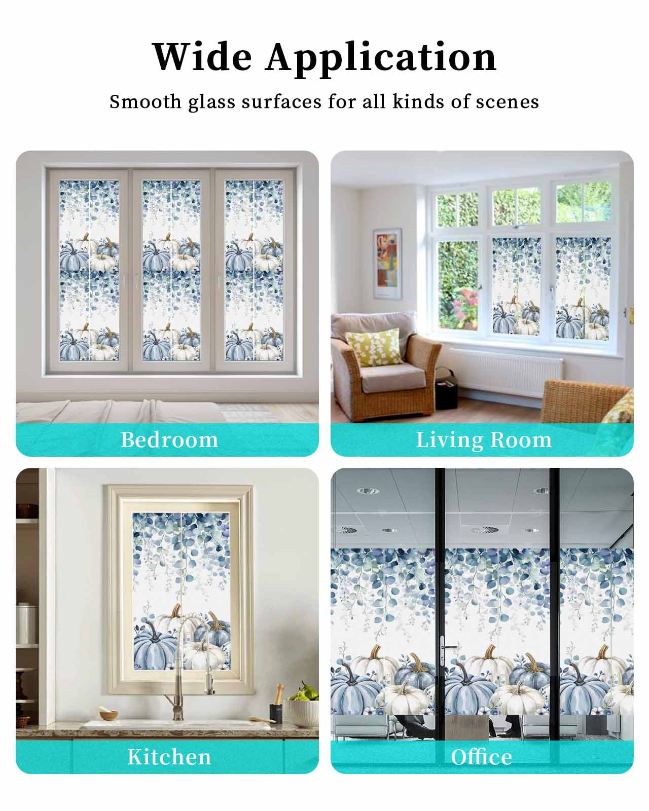 Window Privacy Film Blue Pumpkin Fall Stained Glass Window Film Decorative Sun Block Window Cover Thanksgiving Eucalyptus Leaves Weeping Window Clings Static Adhesive Sticker for Bathroom 17.7"x78.7"